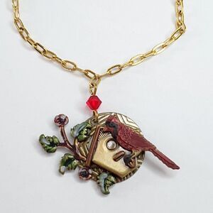 Silver Forest Goldtone Cardinal Bird Necklace Pendant Birdhouse Tree Leaves Red